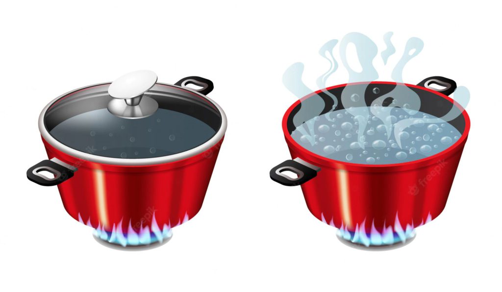 Water boiling in a pressure cooker and a pot