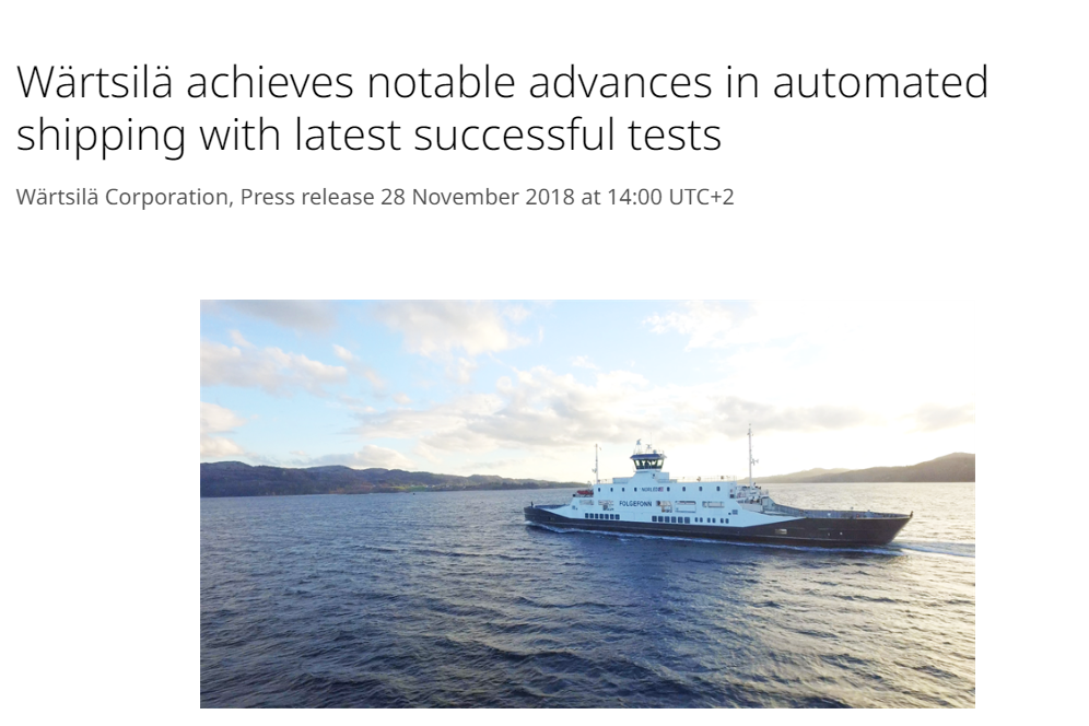 Wartsila achieves notable advances in automated shipping with latest successful tests. 