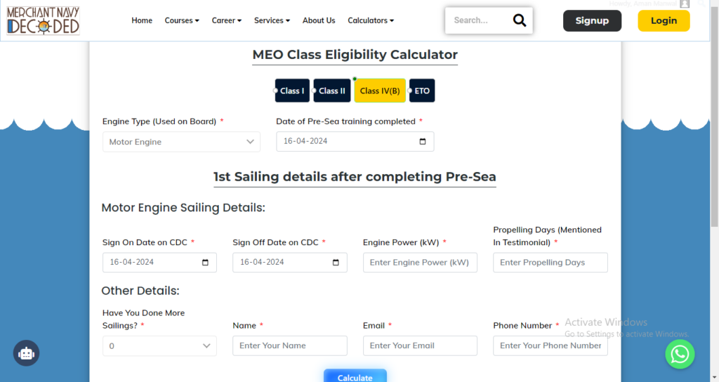 MEO Class 2 Eligibility calculator